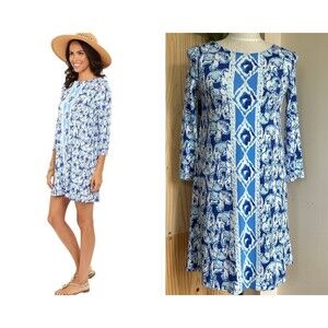 Lilly‎ Pulitzer Ophelia Swing Dress Sz XS Get Trunky Elephant Lattice Print Blue